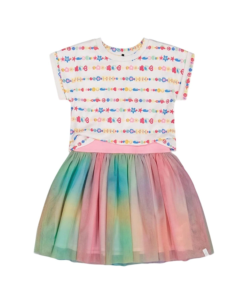Deux Par Deux Little Girl's Bi-material Dress With Mesh Skirt Multicolored Tie Dye And White In Multicolored Tie Dye And White