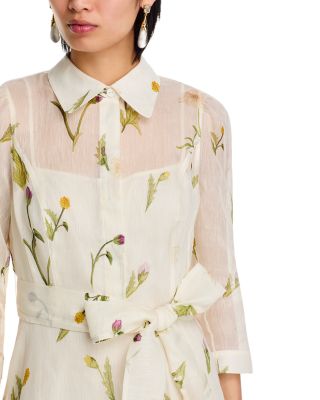 Silk And Linen Flower Border Print Shirt Waist Dress