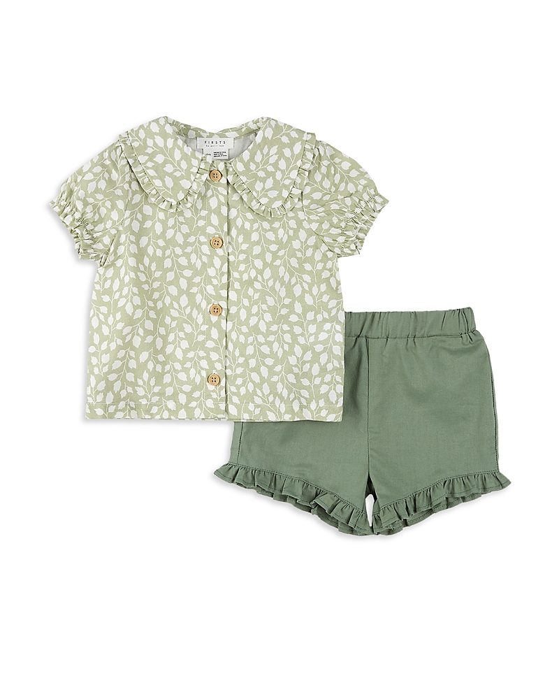 Firsts by petit lem Girls' Foliage Poplin Shirt & Ruffled Shorts Set - Baby