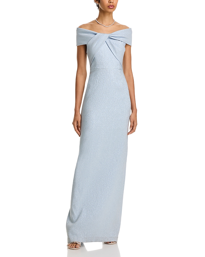 Teri Jon by Rickie Freeman Metallic Jacquard Off-the-Shoulder Gown