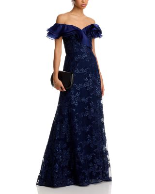 Organza Off Shoulder Sequin Embroidered Tulle Gown