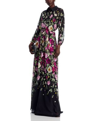 Chiffon Floral Print Shirt Waist Maxi Dress