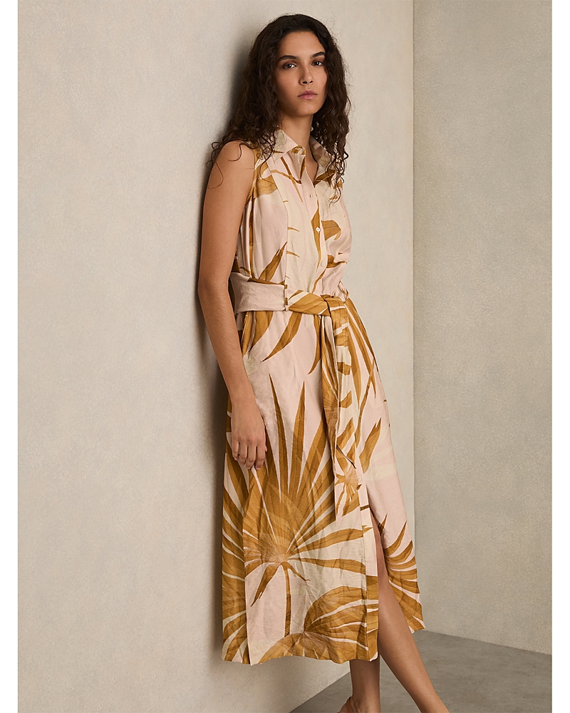Reiss Morgan Frond Print Tie Belt Sleeveless Midi Shirtdress