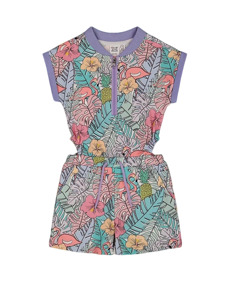 Deux Par Deux Girl's Printed French Terry Romper Lilac Tropical And Pink Flamingos