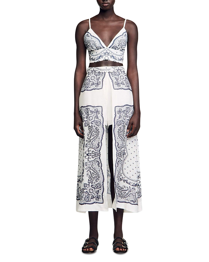 Sandro Womens Naturels Bandana-print V-neck Cropped Linen-blend Crop Top In White Blu