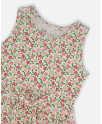  Girls' Printed Ribbed Dress with Waist Tie - Big Kid