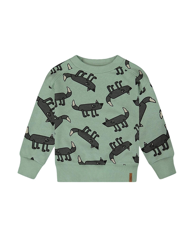 Deux Par Deux Boy's Printed Pullover French Terry Sweatshirt Gray Wolf On Teal Background