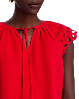 Embroidered Puff Sleeve Split Neck Blouse