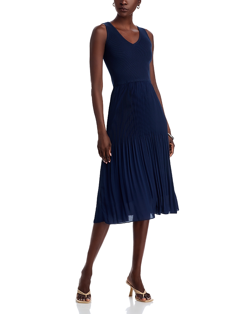 T Tahari Pleated Midi Dress In Navy