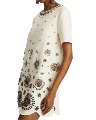 Short Sleeve Embroidered Stretch Wool Cocktail Dress 