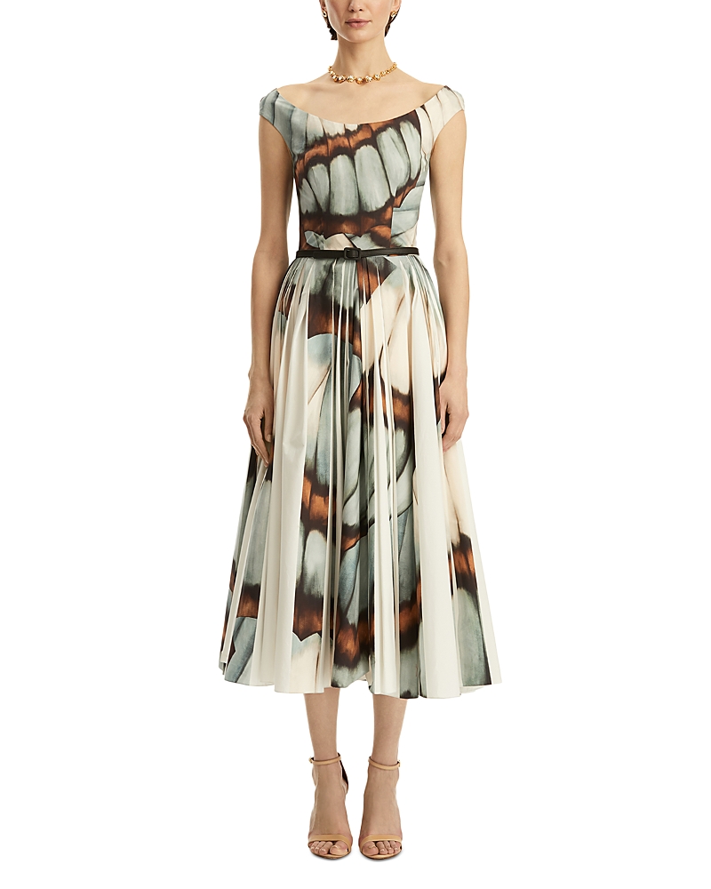 Oscar De La Renta Scoop Neck Butterfly Poplin Pleated Dress