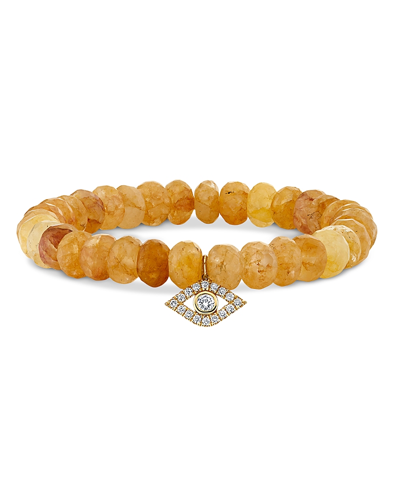 Sydney Evan 14k Yellow Gold Diamond Evil Eye Orange Quartz Bead Stretch Bracelet