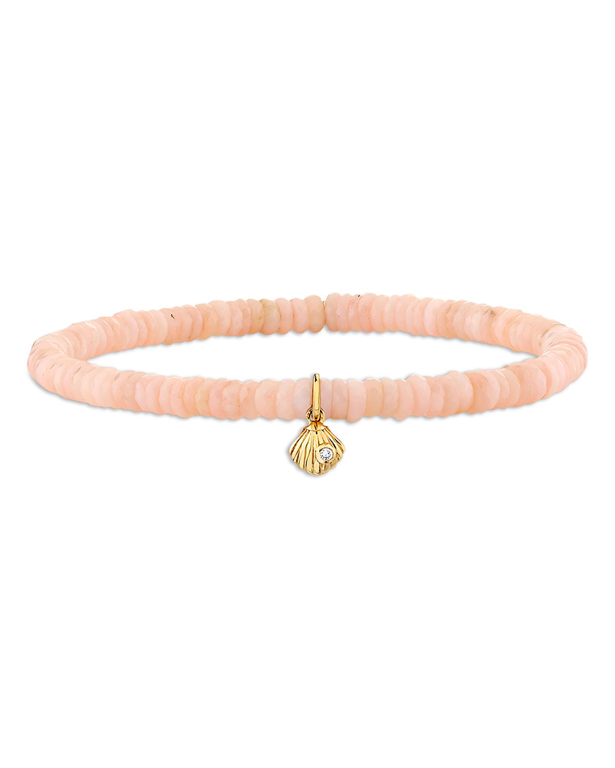 Sydney Evan 14K Yellow Gold Diamond Tiny Clam Shell Charm Pink Opal Faceted Heishi Beaded Stretch Bracelet