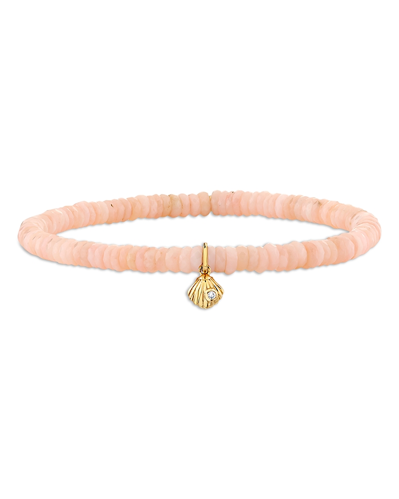 Sydney Evan 14k Yellow Gold Diamond Tiny Clam Shell Charm Pink Opal Faceted Heishi Beaded Stretch Bracelet In Pink