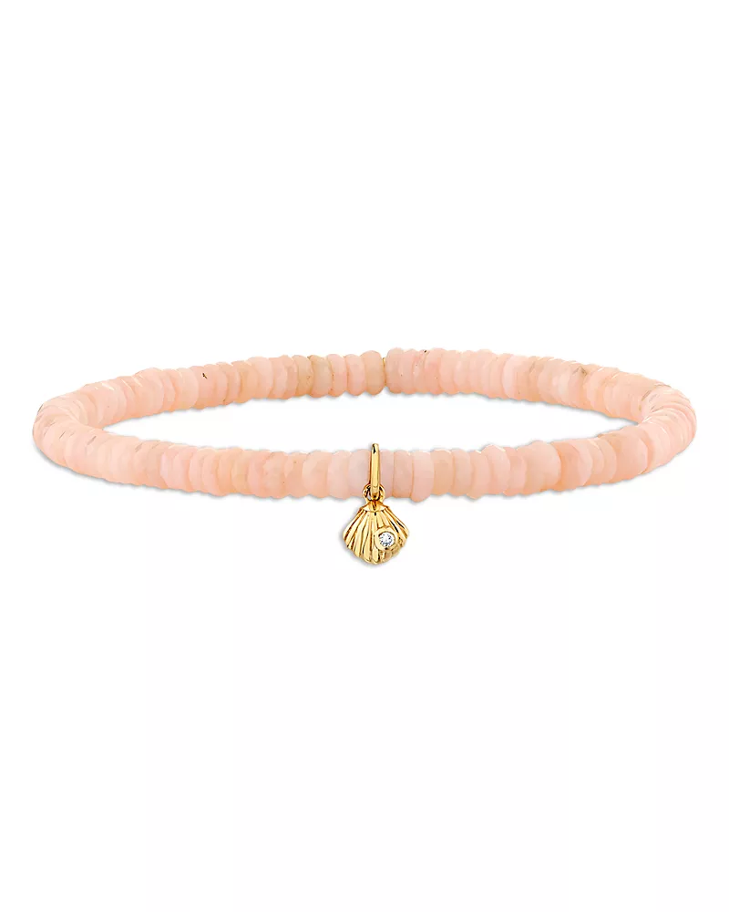 Sydney Evan 14K Yellow Gold Diamond Tiny Clam Shell Charm Pink Opal Faceted Heishi Beaded Stretch Bracelet