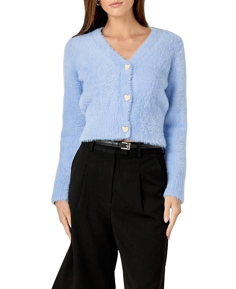 ENGLISH FACTORY WOMEN'S FEATHERED PLUSH HEART BUTTONED CARDIGAN