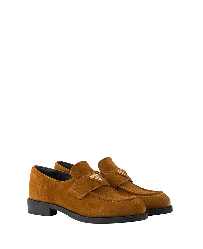 Prada Buckle Detail Round Toe Suede Loafers In Animal Print