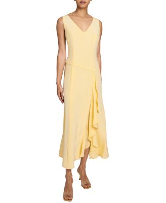 EMERSON Sleeveless Silk Midi Dress with Skirt Side Cascading Ruffles