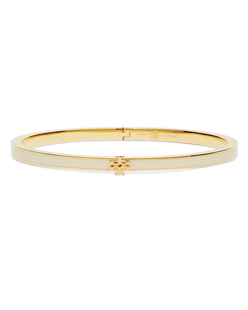 Tory Burch Kira Logo Color Inlay Bangle Bracelet in 18K Gold Plated in Pink/Gold