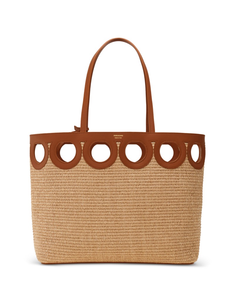 Ferragamo Gancini Frame Raffia Tote Bag in Naturale