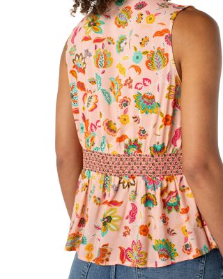 Printed Smocked Waist V Neck Top