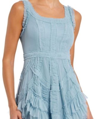 Scoop Neck Sleeveless Mesh Micro Ruffle Midi Dress