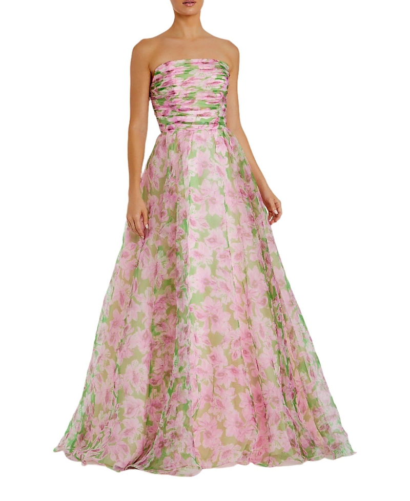 Mac Duggal Strapless Chiffon Gown With Ruffle Detail In Multi