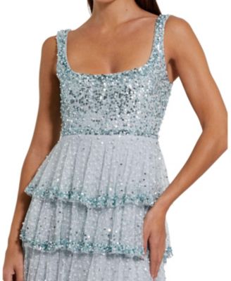 Embellished Net Tiered Ruffle Scoop Neck Gown