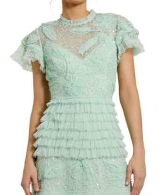 Beaded Mesh High Neck Micro Ruffle Floral Gown