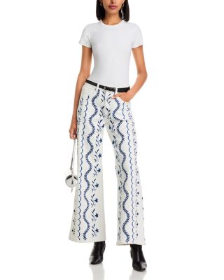 Embroidered High Rise Wide Leg Jeans in White/Blue - Exclusive