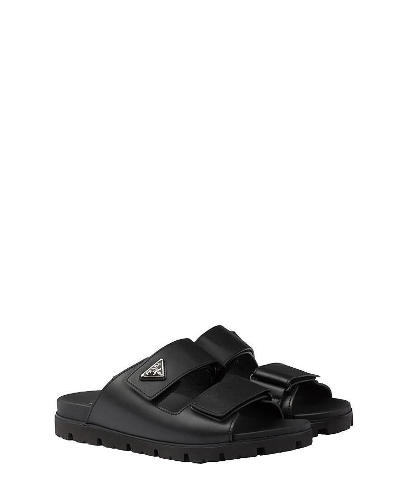 Prada Men Logo Plaque Leather Slides In Black