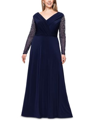 Plus Beaded Sleeve V Neck Gown
