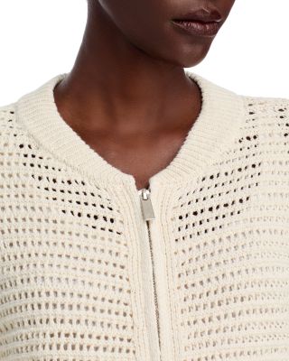 Open Knit Bomber Crewneck Cardigan Sweater