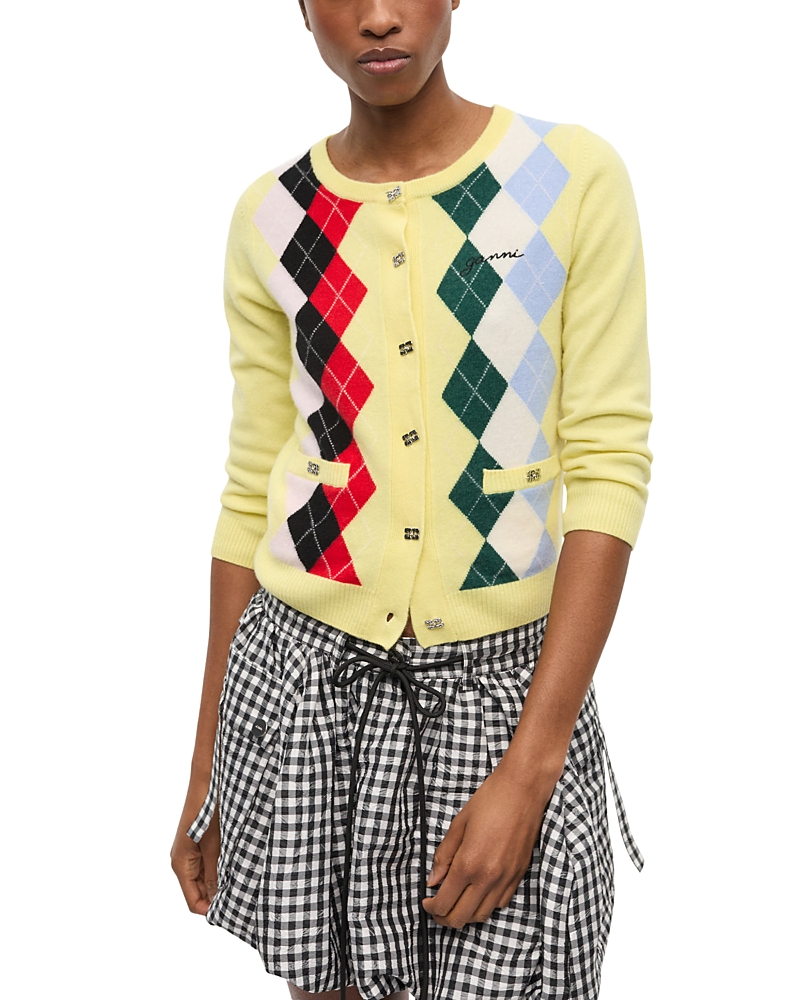 Ganni Knitwear Cardigan With Argyle Pattern And Pockets In Yellow