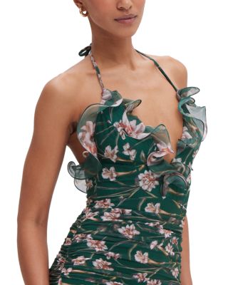 Botanic Ruffle Neck Ruched Midi Dress