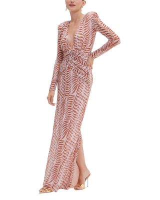 Printed Long Sleeve Deep V Maxi Dress