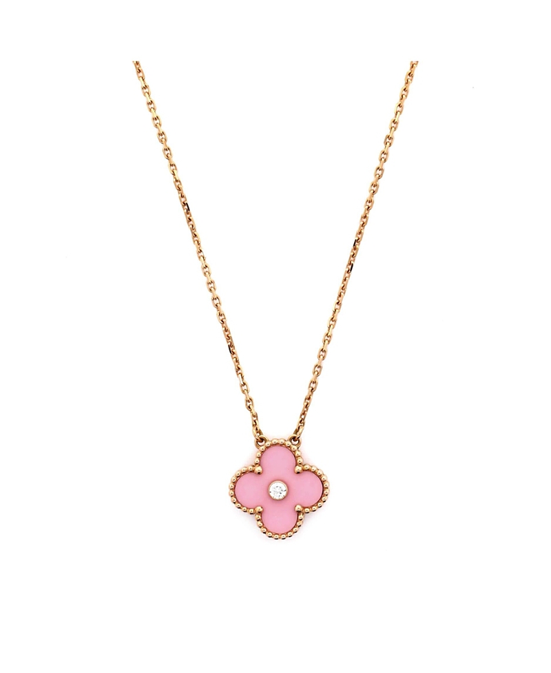 Pre-owned Pre-owned Van Cleef & Arpels Van Cleef & Arpels Vintage Alhambra Pendant Necklace 18k Rose Gold And Pink Opal With Diam