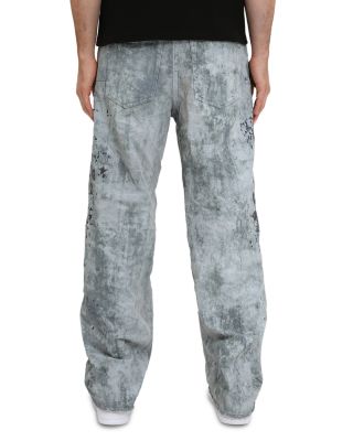 Worn Embroidered Camo Baggy Fit Jeans in Light Indigo 