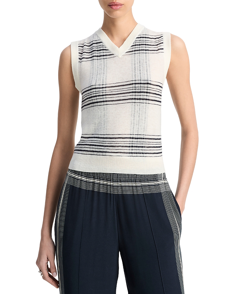 Vince Plaid V-neck Wool Sweater Vest In White