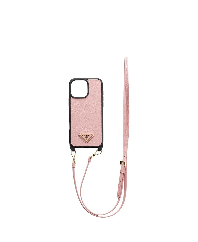Prada Saffiano Leather Case For Iphone 16 Pro Max With Shoulder Strap In Pink