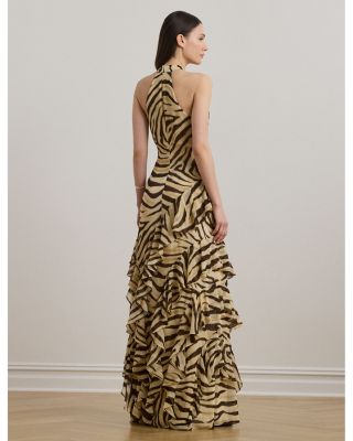 Zebra Print Ruffle Trim Georgette Gown