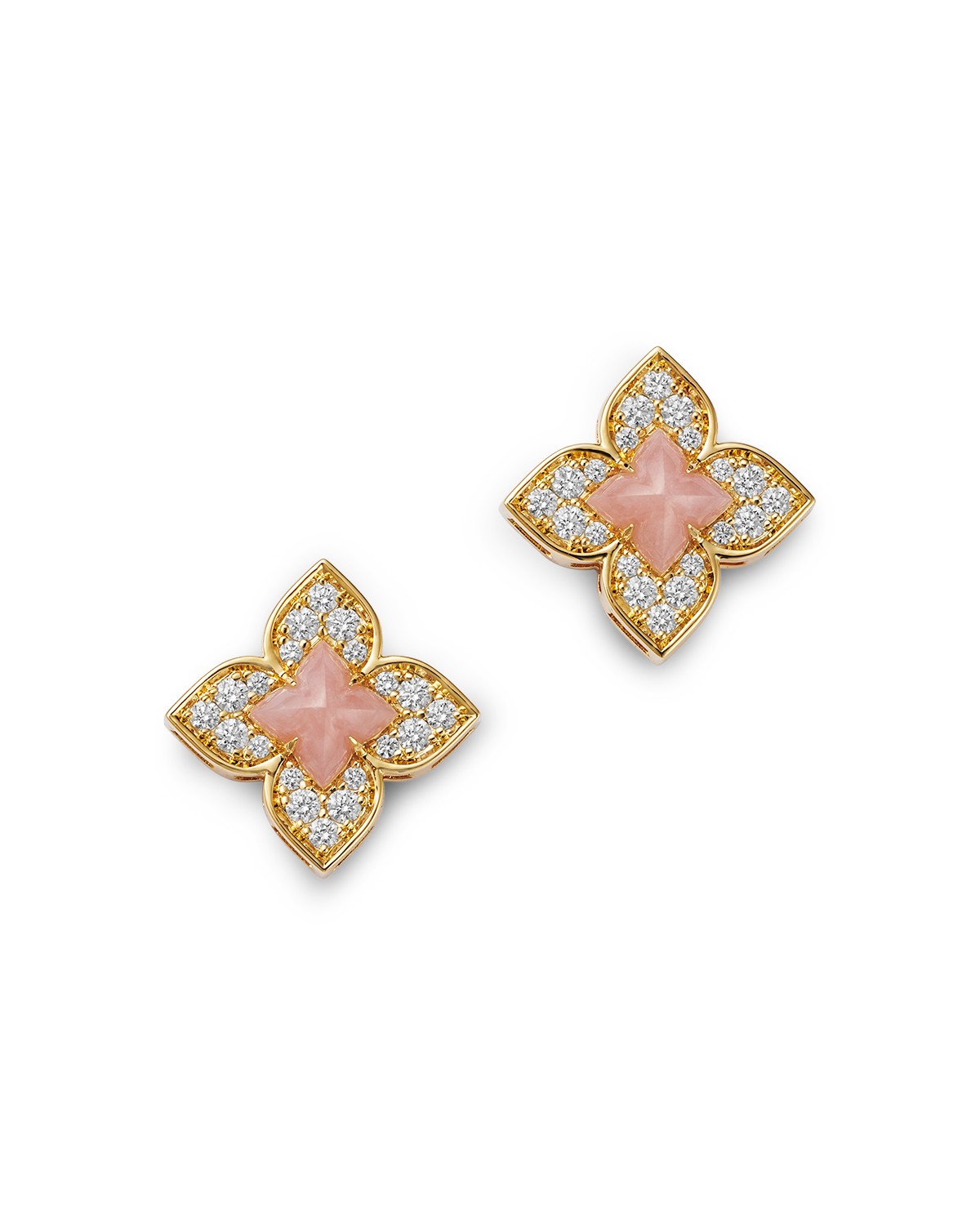 18K Yellow Gold Venetian Princess Carnival Pink Opal & Diamond Stud Earrings