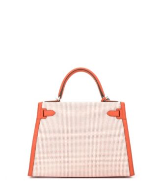 Kelly 28 Handbag Quadrille Canvas and Orange Swift with Palladium Hardware