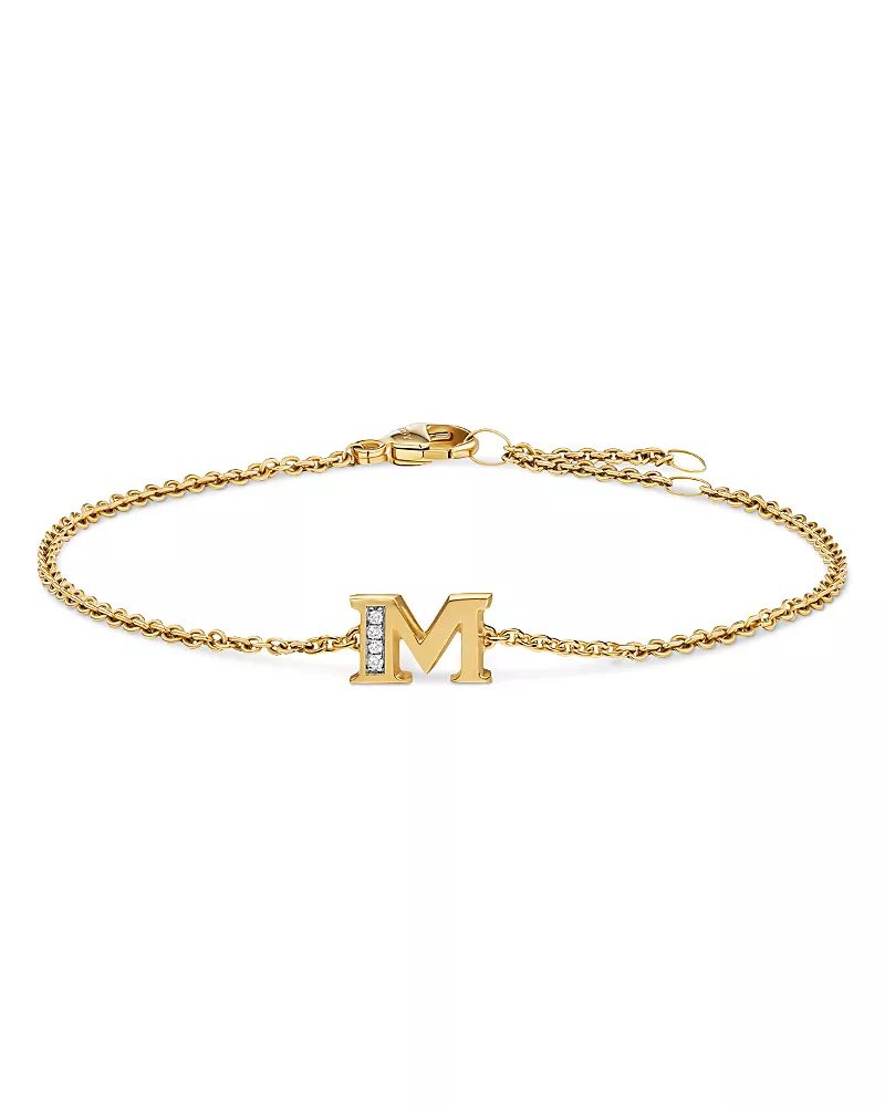 Petite Pave Initial Chain Bracelet in 18K Yellow Gold with Diamond