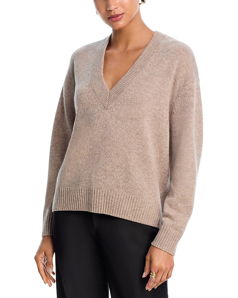 Aqua Cashmere Drop Shoulder V Neck Sweater - Exclusive In Brown