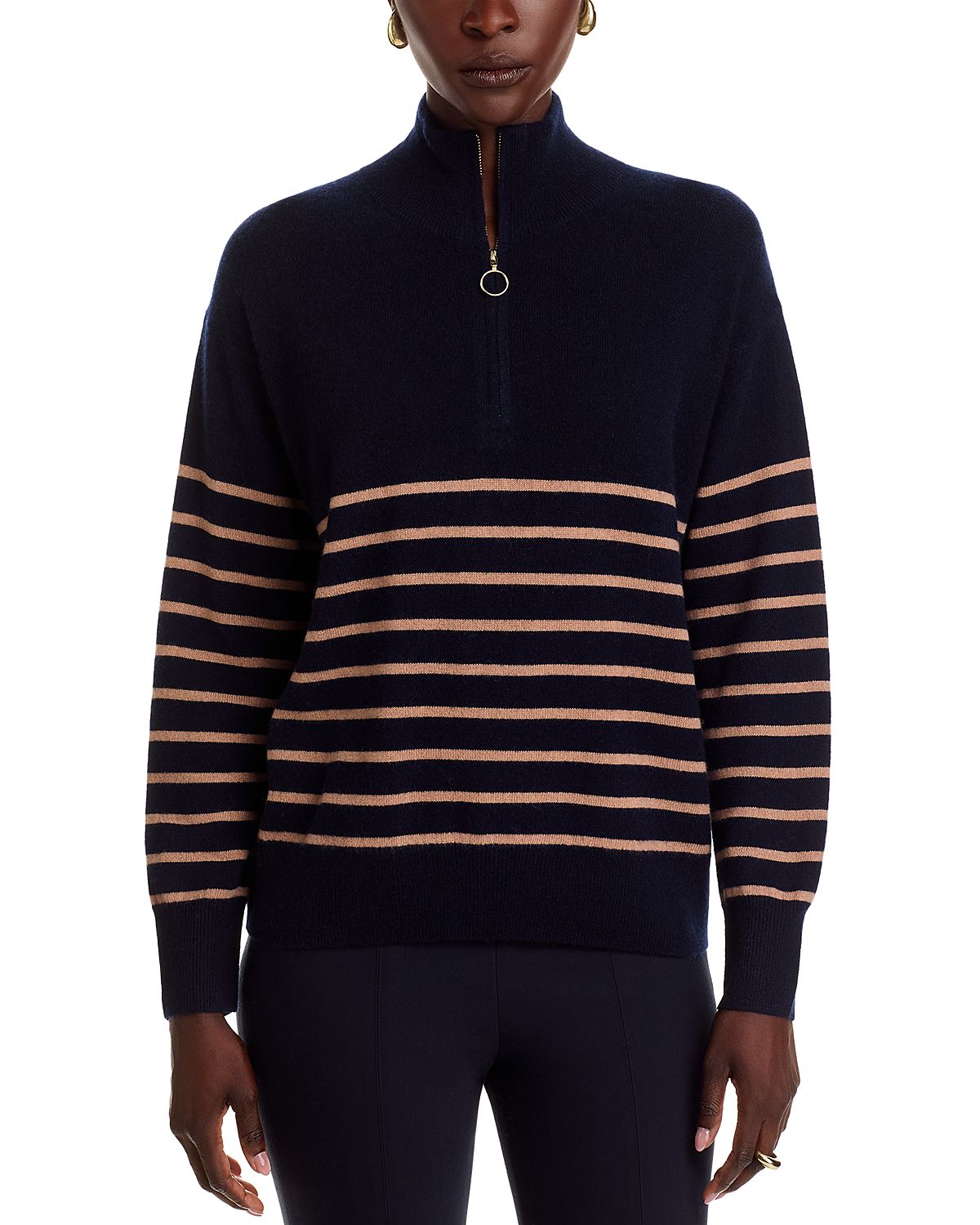 C by Bloomingdale's Cashmere 100% Cashmere Mock Neck Quarter Zip Striped Sweater - Exclusive