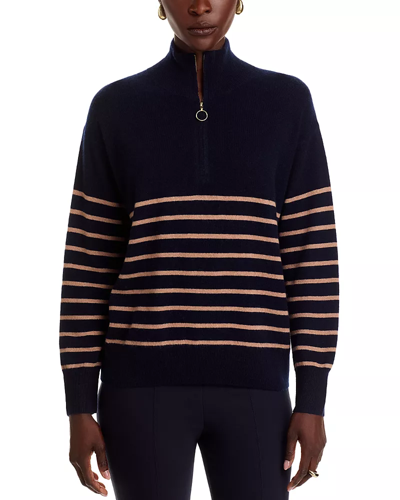 C by Bloomingdale's Cashmere 100% Cashmere Mock Neck Quarter Zip Striped Sweater - Exclusive