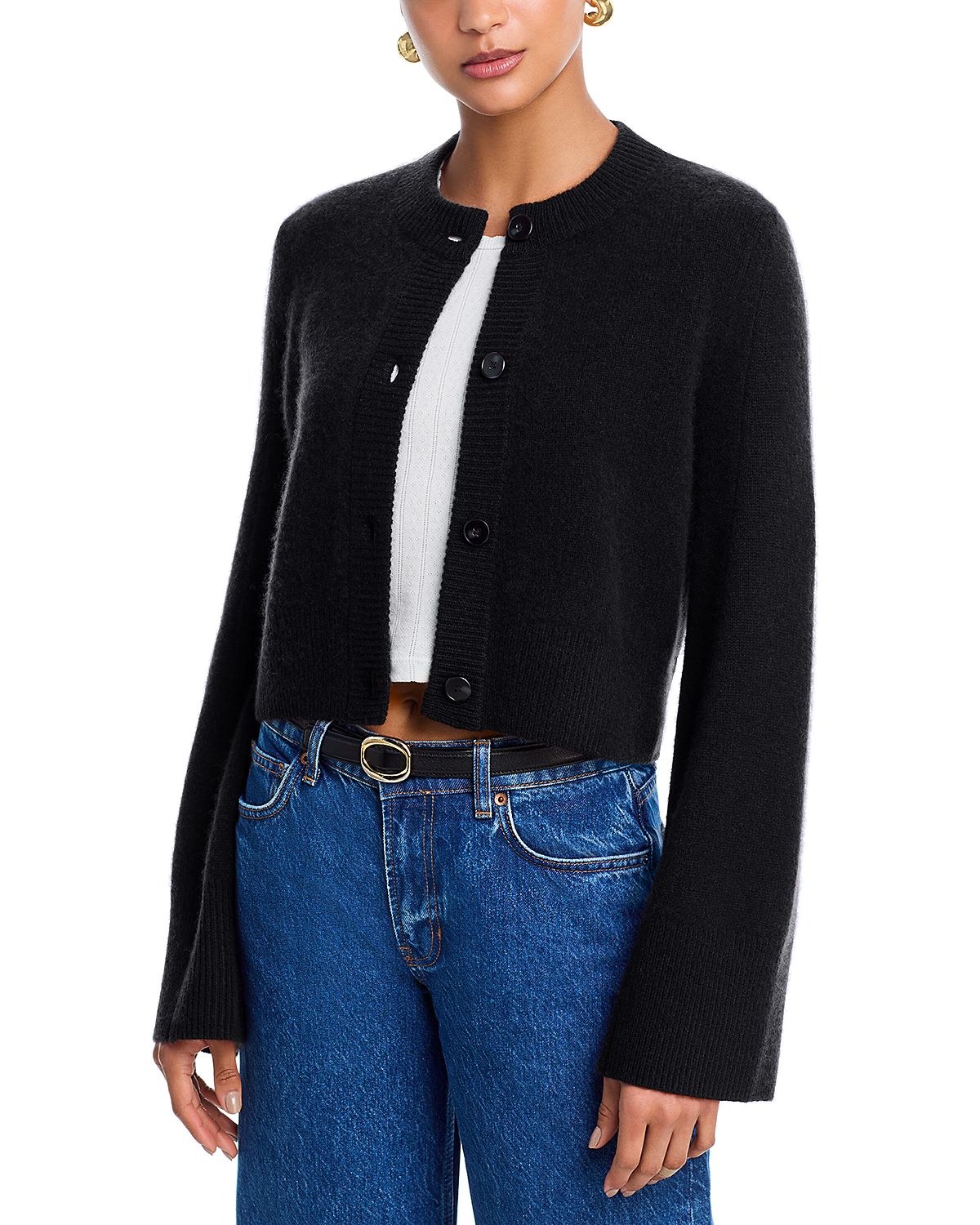 Aqua 100% Cashmere Cropped Wide Sleeve Crewneck Cardigan - Exclusive