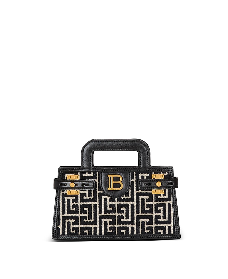 Balmain B-buzz Small Top Handle Monogrammed Canvas And Leather Bag In Black