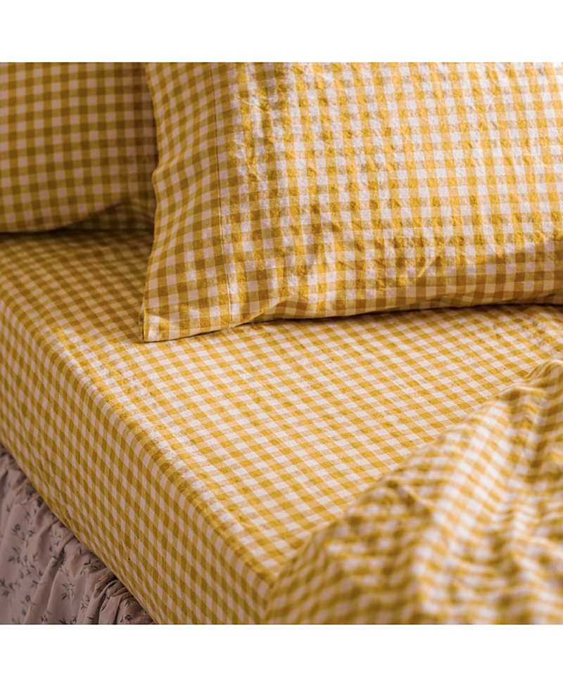 Piglet In Bed Gingham Linen Blend Fitted Sheet, Full In Yellow
